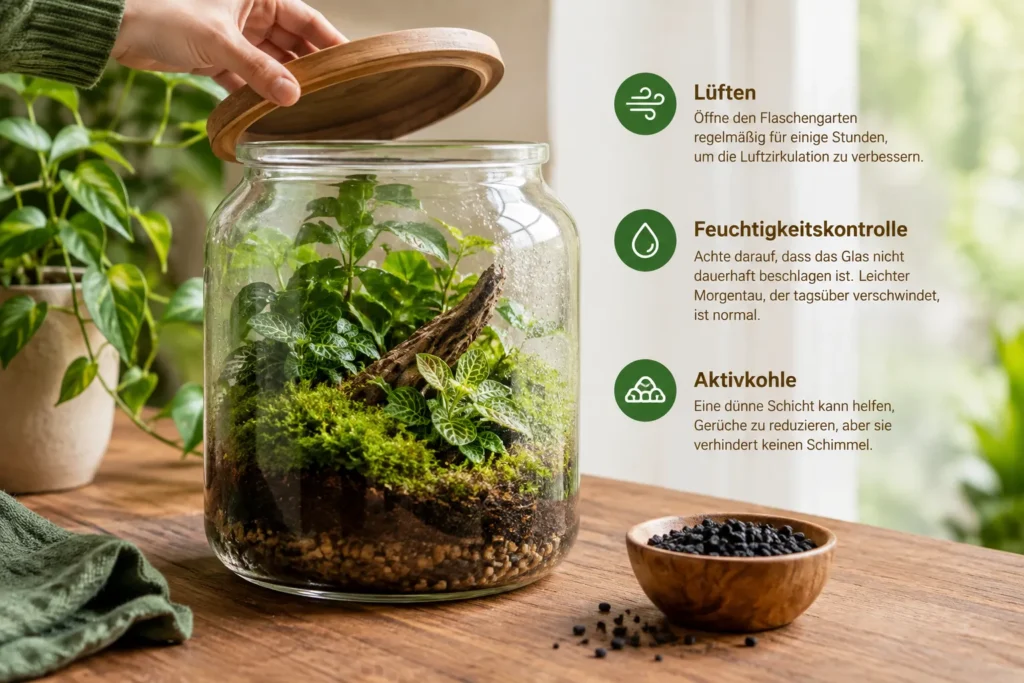 Flaschengarten ohne Schimmel, gesunde Pflanzen